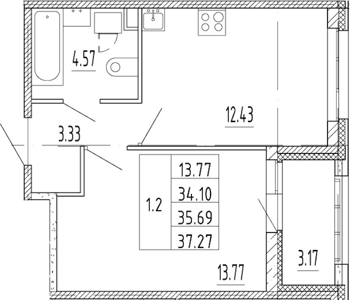 1-комнатная квартира 34.1 м², 1/13 эт., ЖК «Полис Приморский 2»